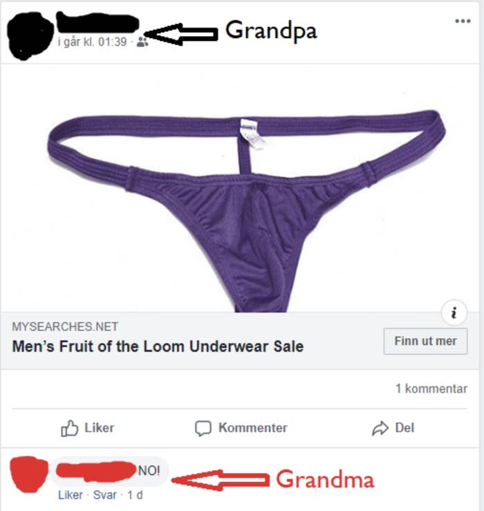Grandpa posts a link with a picture of a purple thong. Grandma replies NO