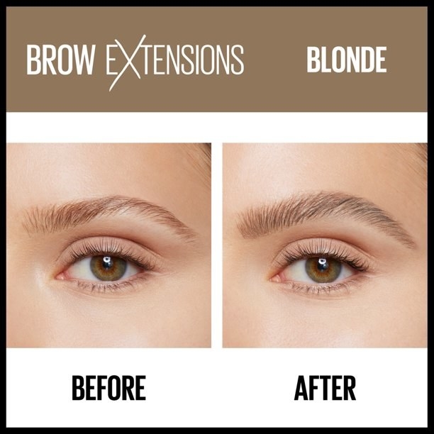 a before and after using ther brow extensions in color blonde