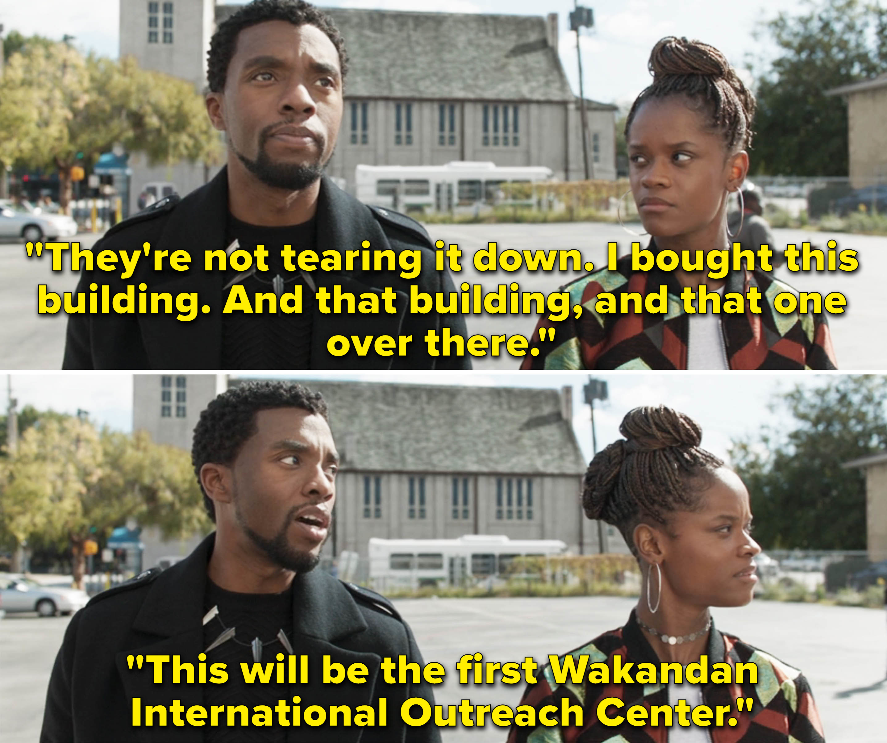 T&#x27;Challa poinsting out to Shuri the buildings he bought in Oakland to be the first Wakandan International Outreach Center