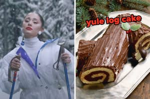 On the left, Ariana Grande skiing, and on the right, a yule log cake