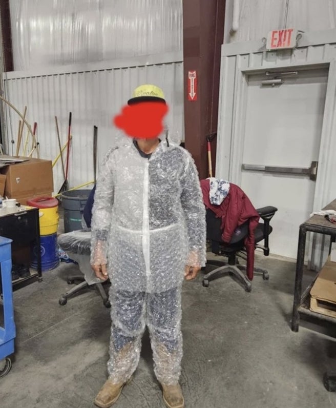 person with bubble wrap all over them