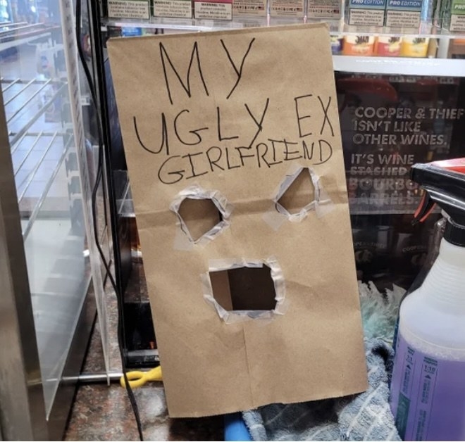 &quot;my ugly ex girlfriend&#x27; written on a large paper bag