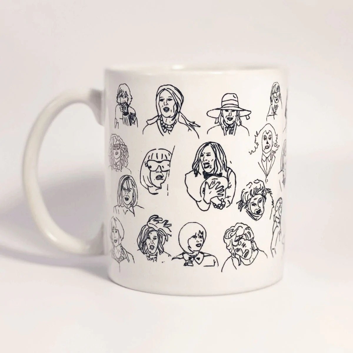 A mug with 20 different illustrations of Moira Rose from Schitt&#x27;s Creek