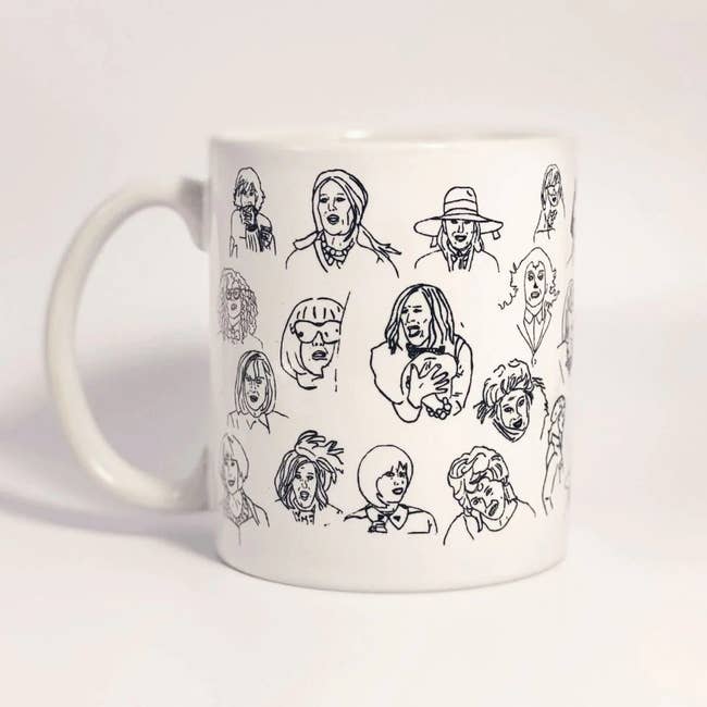 A mug with 20 different illustrations of Moira Rose from Schitt's Creek