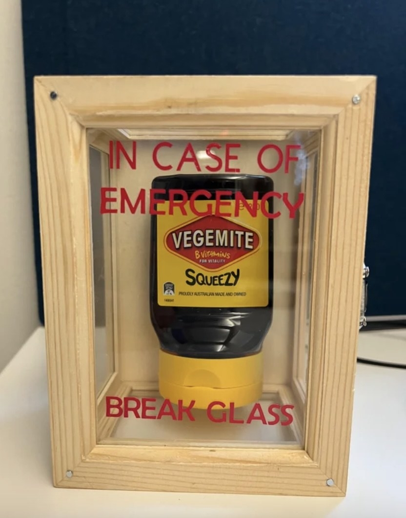 vegemite behind a glass frame that says to break in an emergency