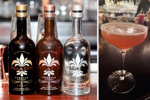 bottles of tequila next to a cocktail