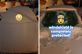 Reviewer's car completely covered in snow, same car without the windshield protector on and no snow "windshield is completely protected!"