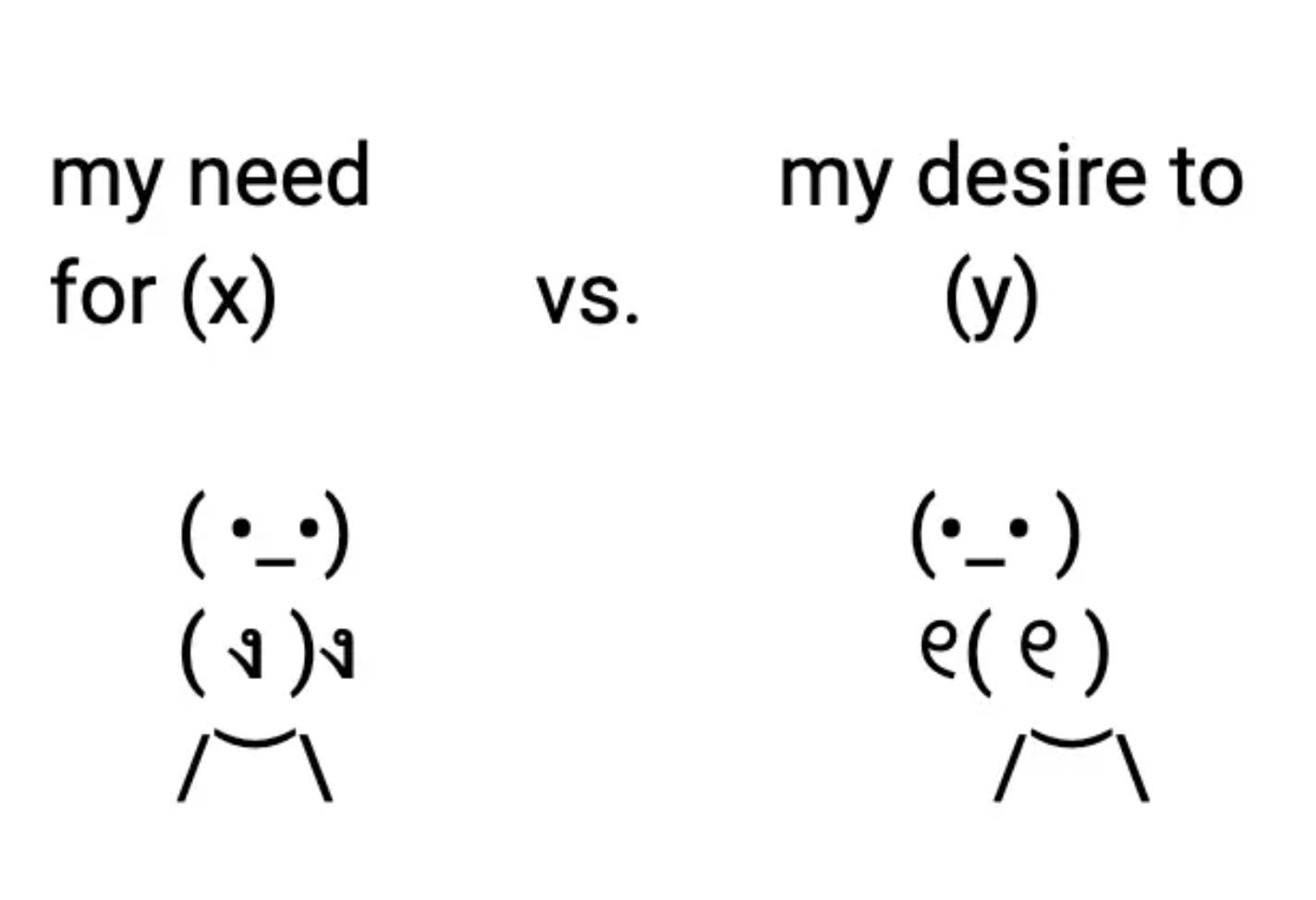 a meme featuring two stick figures in combat that reads &quot;my need for x vs. my desire to y&quot;
