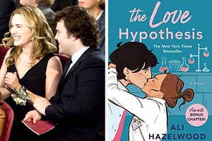 On the left, Kate Winslet and Jack Black as Iris and Miles in The Holiday, and on the right, the book The Love Hypothesis
