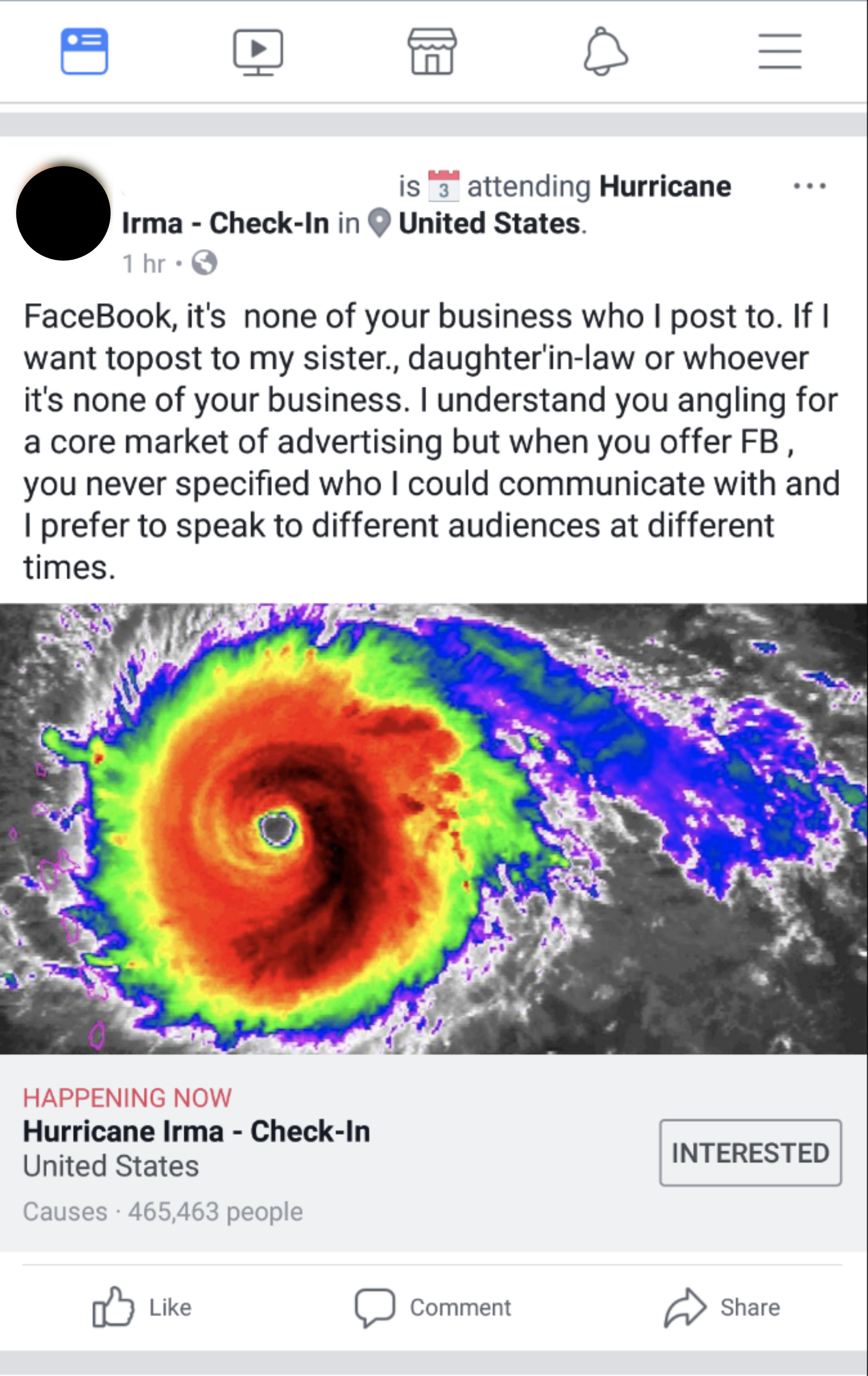 Grandpa complaining about a lack of privacy, while also checking in to Hurricane Irma
