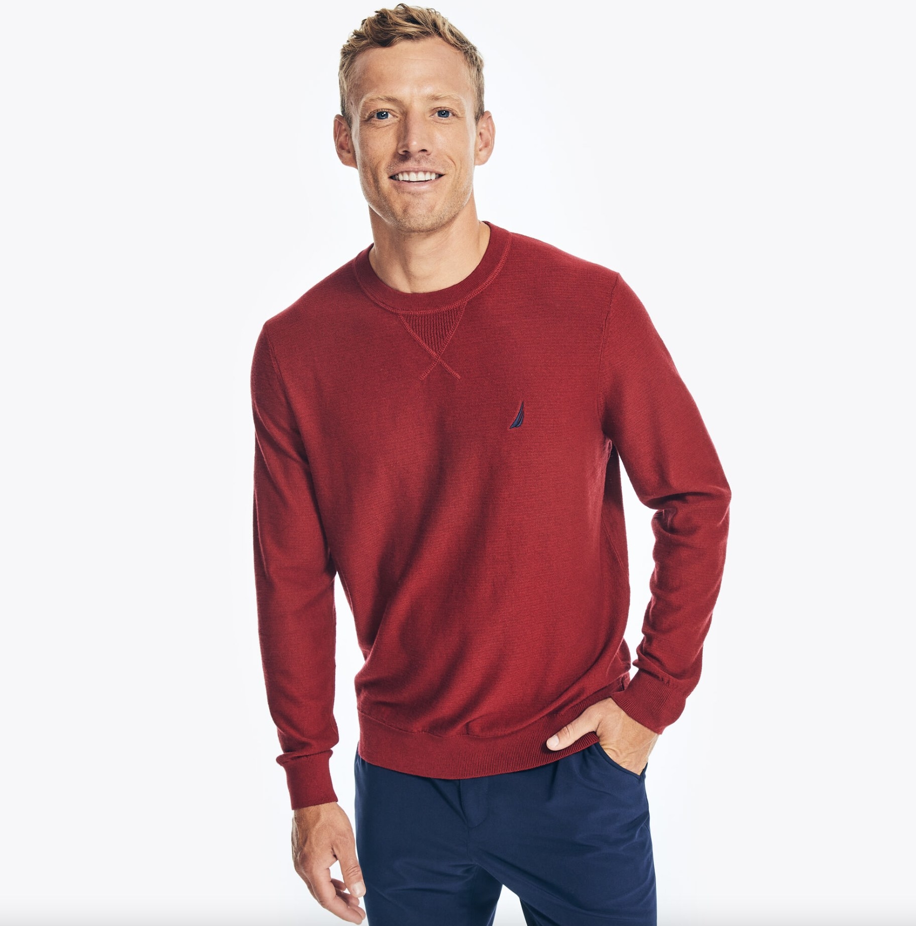 model wearing the crewneck sweater in red