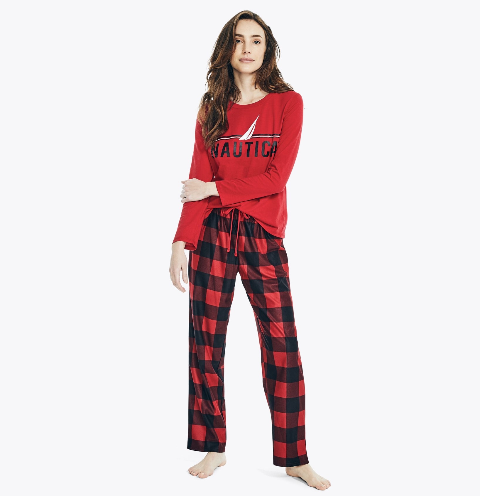 model wearing the family pajama set in red buffalo check