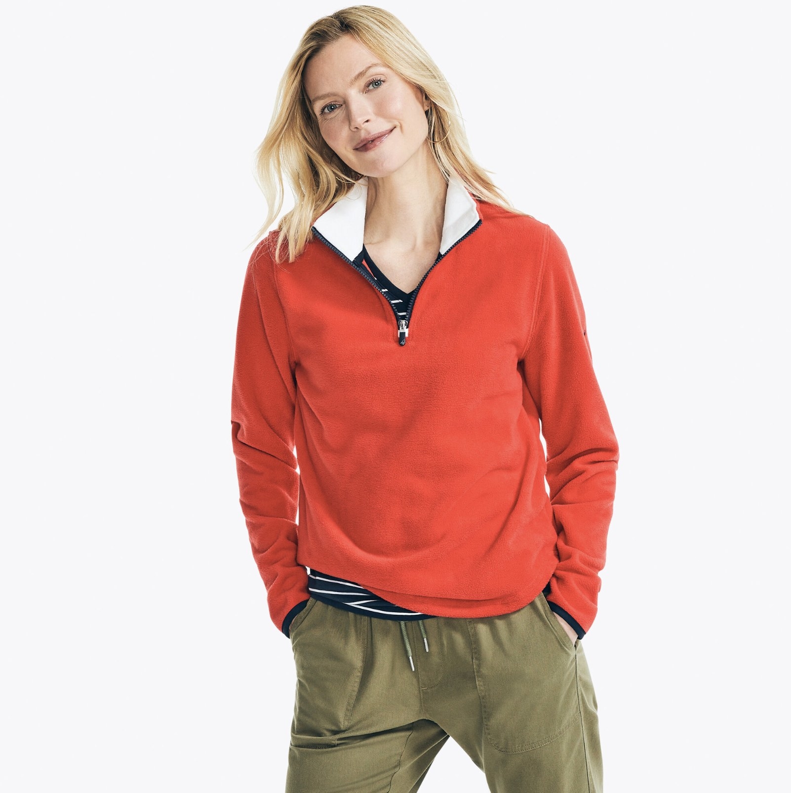 model wearing quarter-zip fleece in red