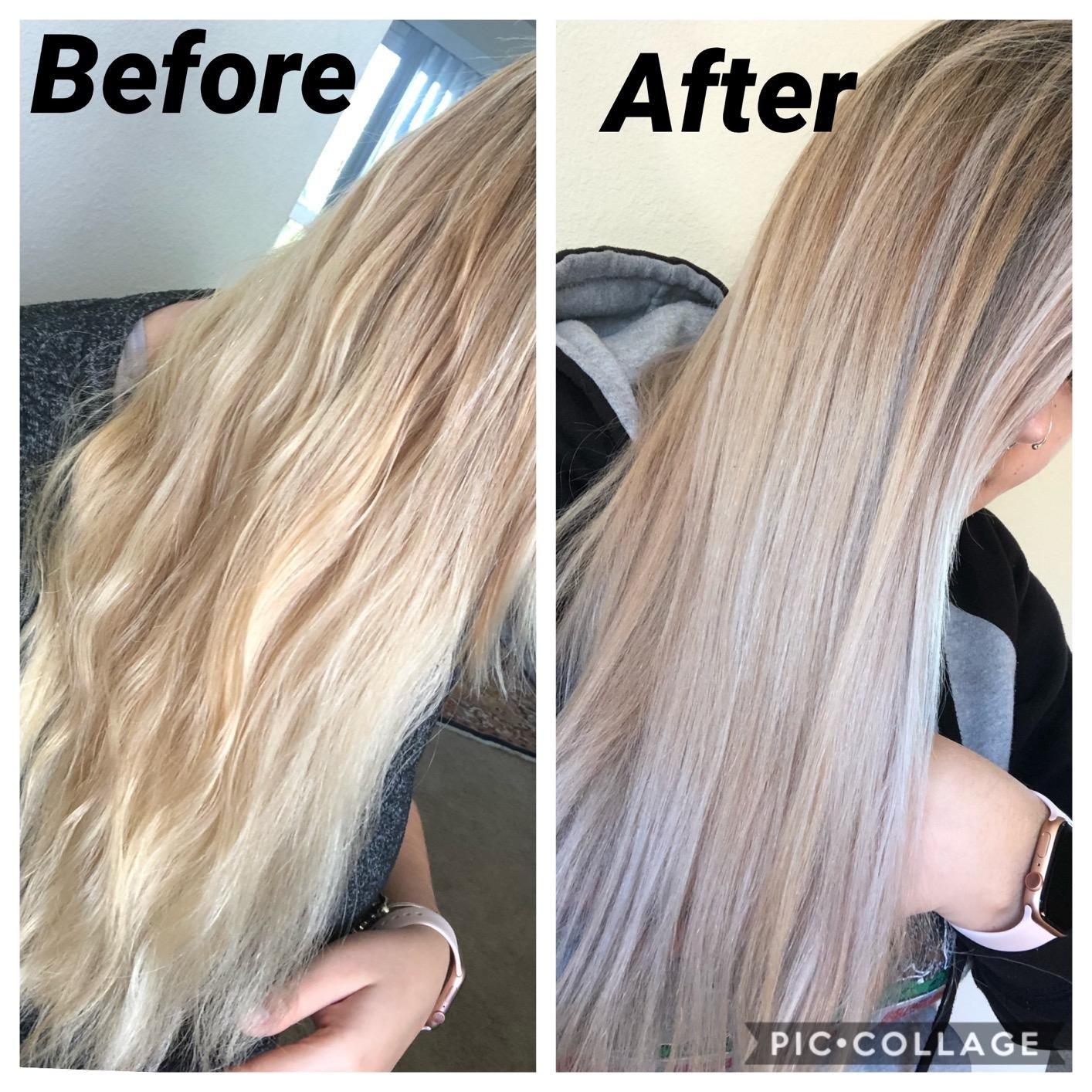 Split image of a reviewer&#x27;s hair before using shampoo (yellow, brassy) and after using shampoo (ash blonde, neutral tones)