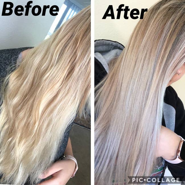 Split image of a reviewer's hair before using shampoo (yellow, brassy) and after using shampoo (ash blonde, neutral tones)