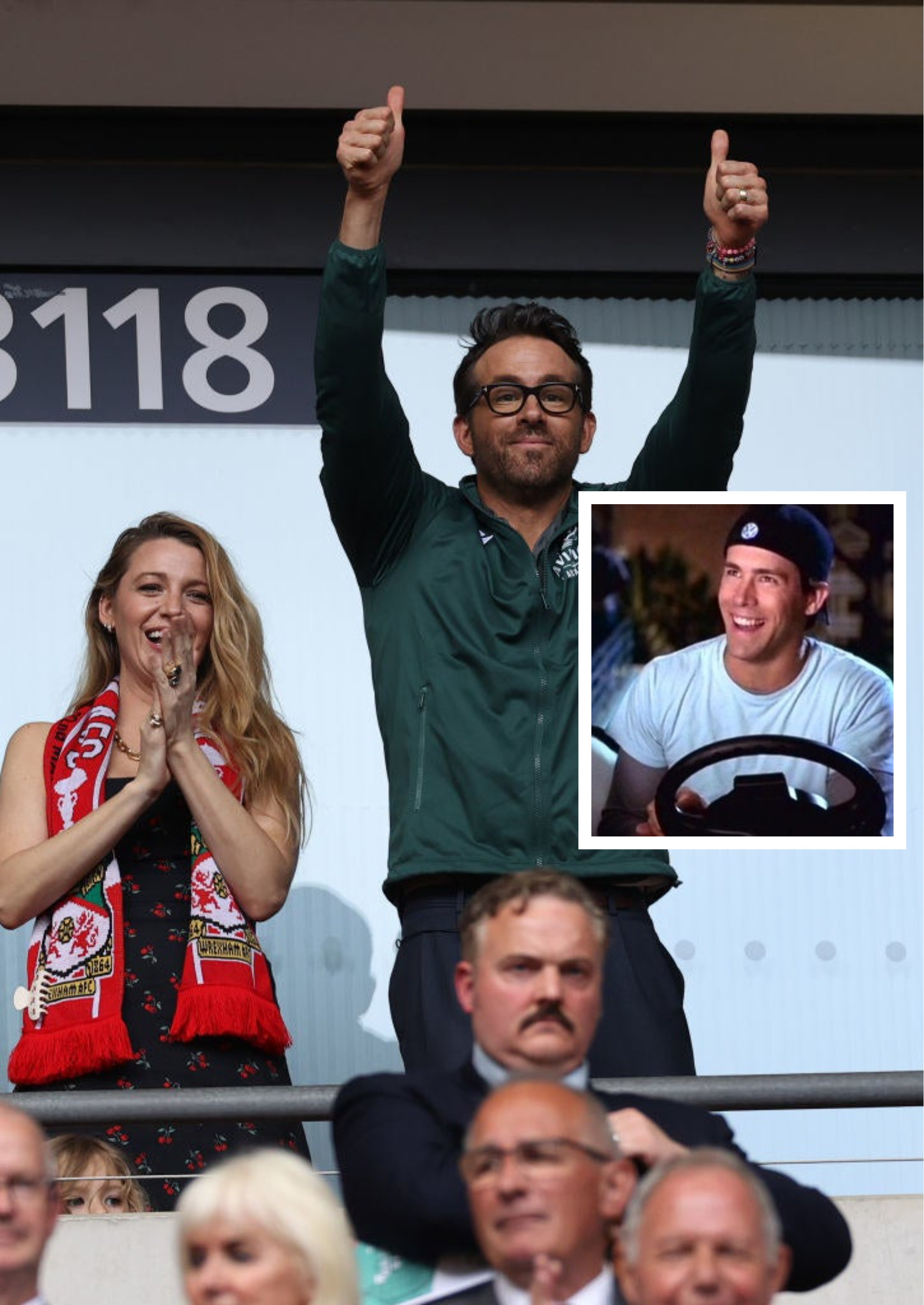 blake lively and ryan reynolds cheer at a soccer game (insert) ryan reynolds in &quot;van wilder&quot;