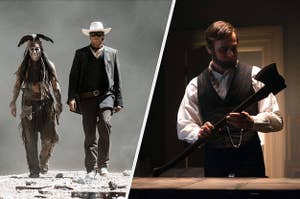 A Native American and a Cowboy walk out of a smoky background / Abraham Lincoln examines an ax in a dark room