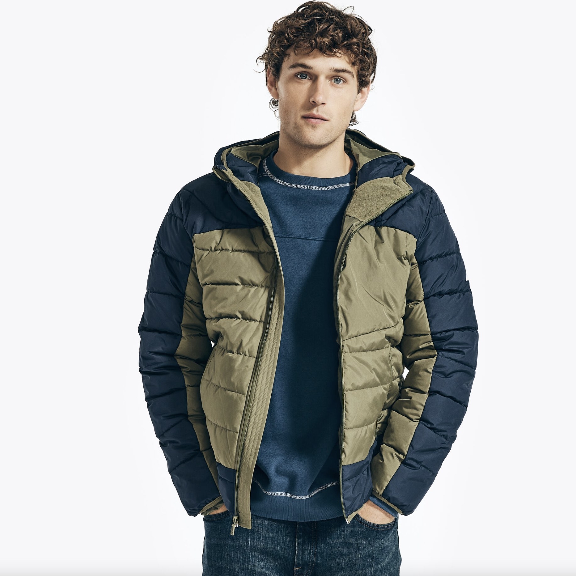 model wearing the sustainably crafted puffer