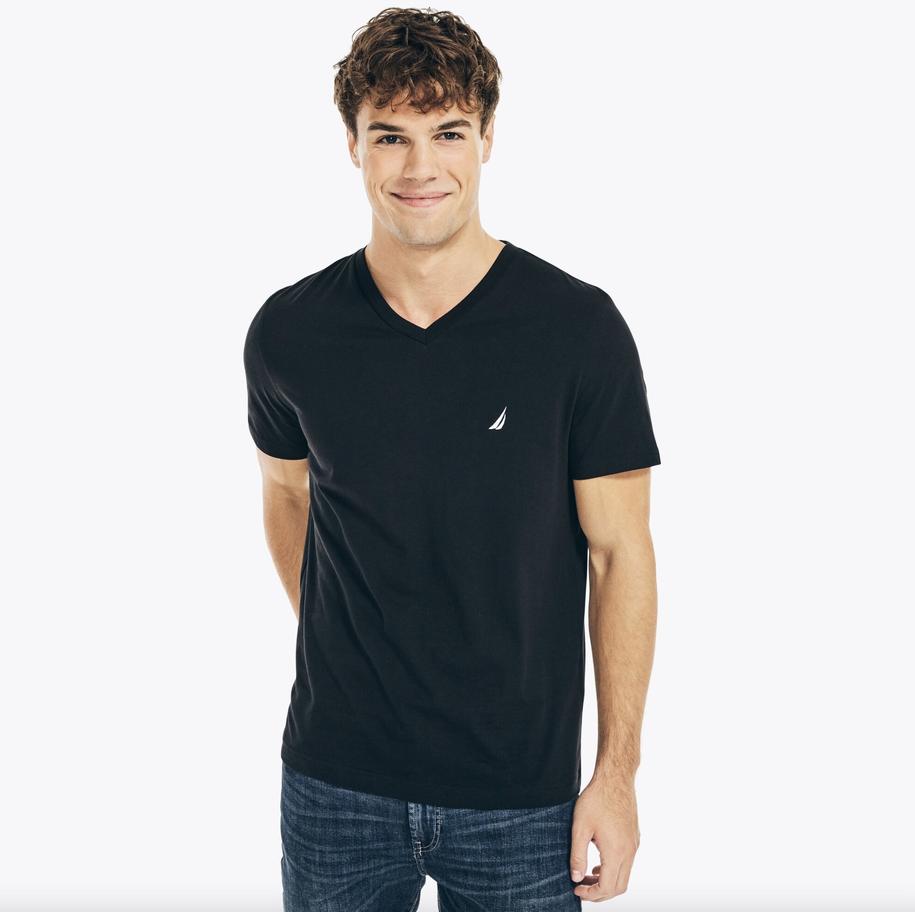 model wearing the V-neck t-shirt in black
