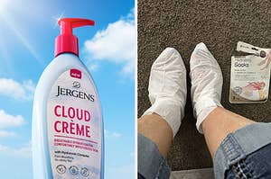 left image: jergens cloud creme, right image: hydrating sock masks 