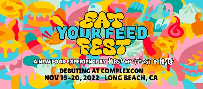 First We Feast and Tasty presents Eat Your Feed Fest, a new food experience, logo with a colorful background of animated food
