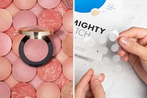 on left, model holding two bottles of Urban Decay All Nighter makeup primer. on right, Milani pink blush container surrounded by other blush colors