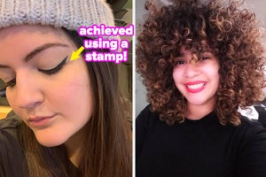 reviewer showing their winged eyeliner "achieved using a stamp!", reviewer with big beautiful curls