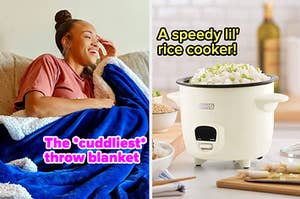 reviewer wrapped up in a blue sherpa fleece-lined throw blanket with text: the *cuddliest* throw blanket / a white rice cooker with text: a speedy lil' rice cooker!