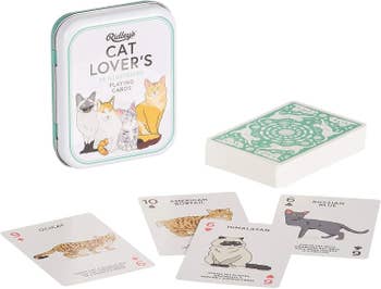 the cat lover's cards, with examples of an ocicat, american bobtail, himalayan, and russian blue cat