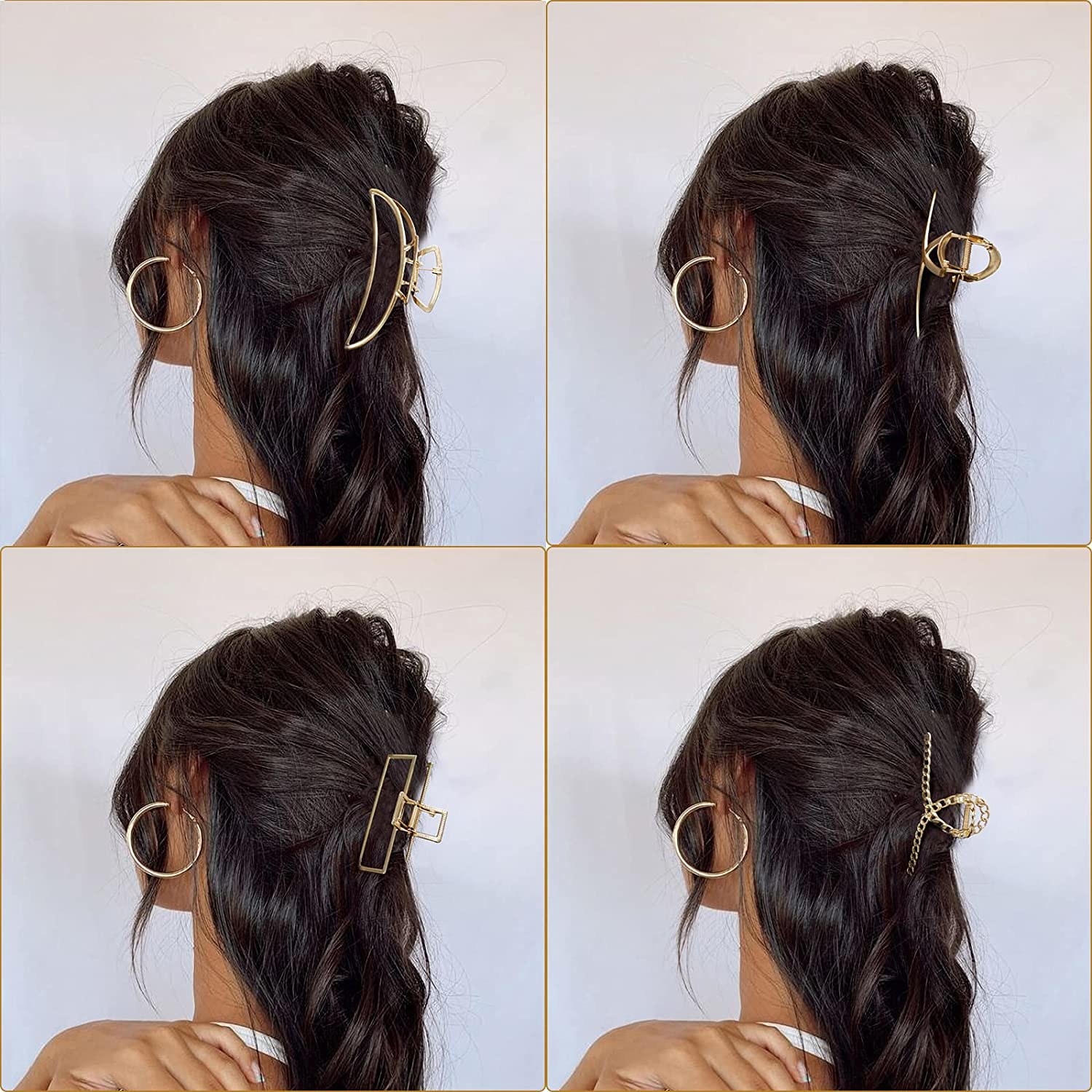 model with crescent-moon, square, solid loop-de-loop, and chain loop-de-loop claw clip in their hair