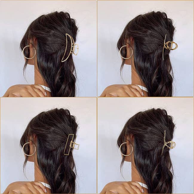 model with crescent-moon, square, solid loop-de-loop, and chain loop-de-loop claw clip in their hair