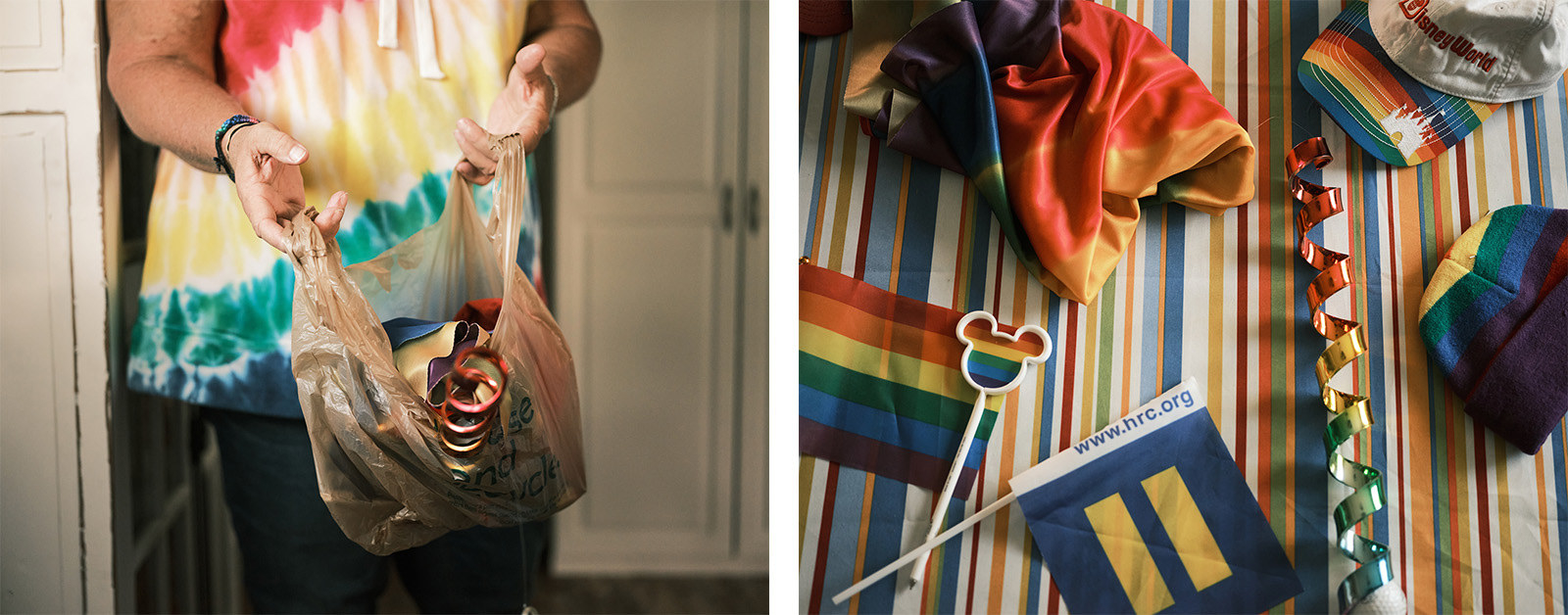 Two pictures. Left: Gail Foreman holds a brown plastic bag filled with decorations she had to remove. She is standing in her home. Right: A selection of the items she had to remove. There are two rainbow hats, and three pride flags.