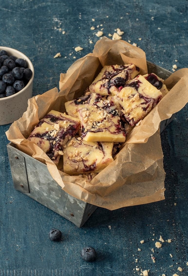 container with blueberry pie fudge