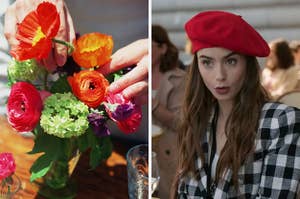 On the left, a florist making a floral arrangement, and on the right, Emily from Emily in Paris wearing a beret