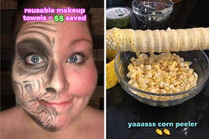 A reviewer selfie showing the left side of their face covered in full costume makeup, and the right side clear of makeup after using makeup towels and corn after being peeled with kernels in a bowl