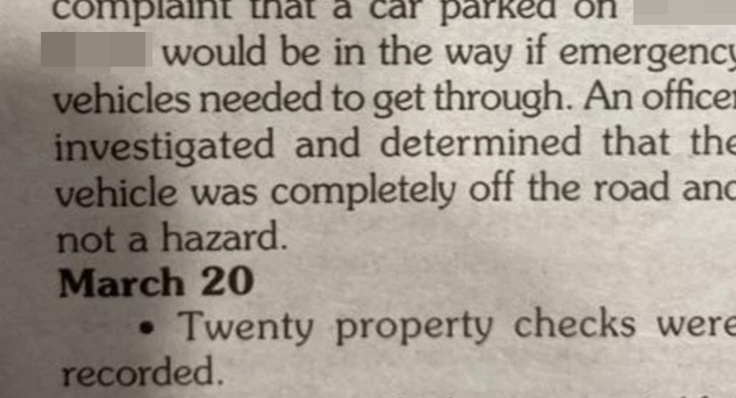 the police report saying that the car was not a hazard and could safely be parked on the side of the road