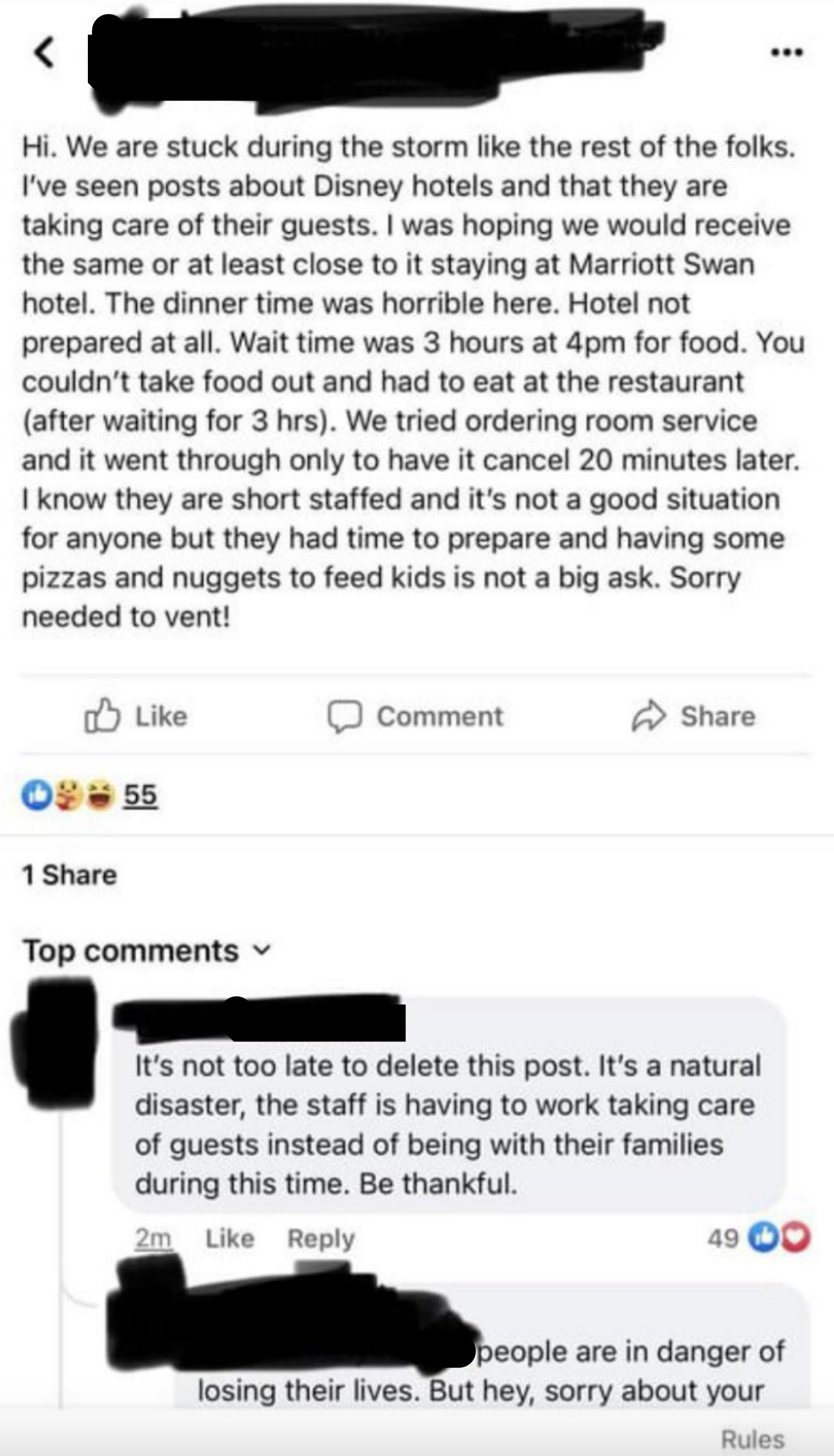 person complaining that their room service got canceled because there was a hurricane