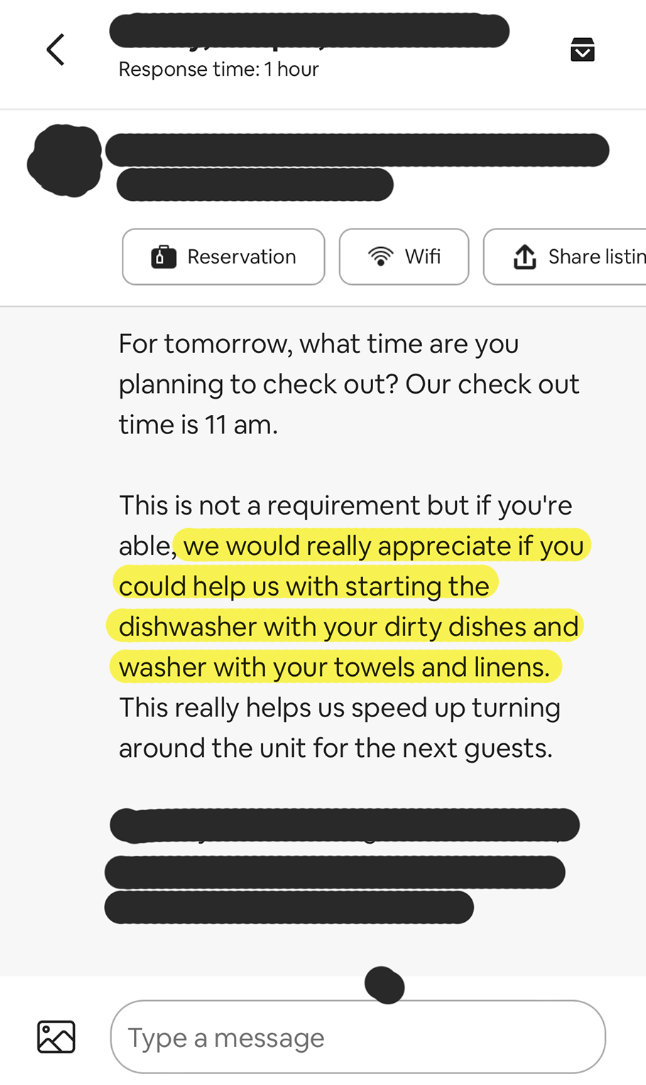 Host asking guests to start the dishwasher with their dirty dishes and washer with their dirty towels and linens