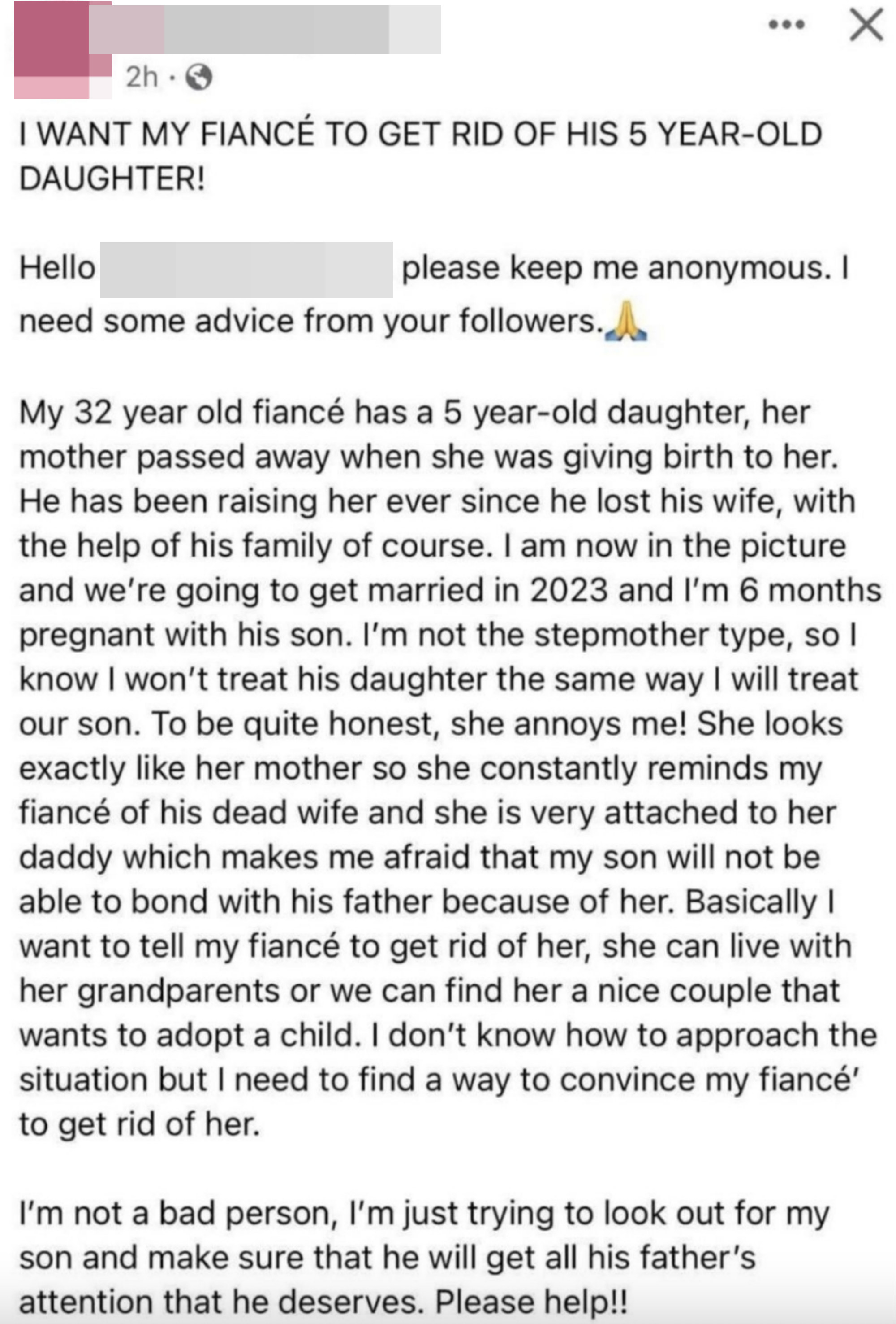 &quot;i want my fiance to get rid of his five year old&quot;