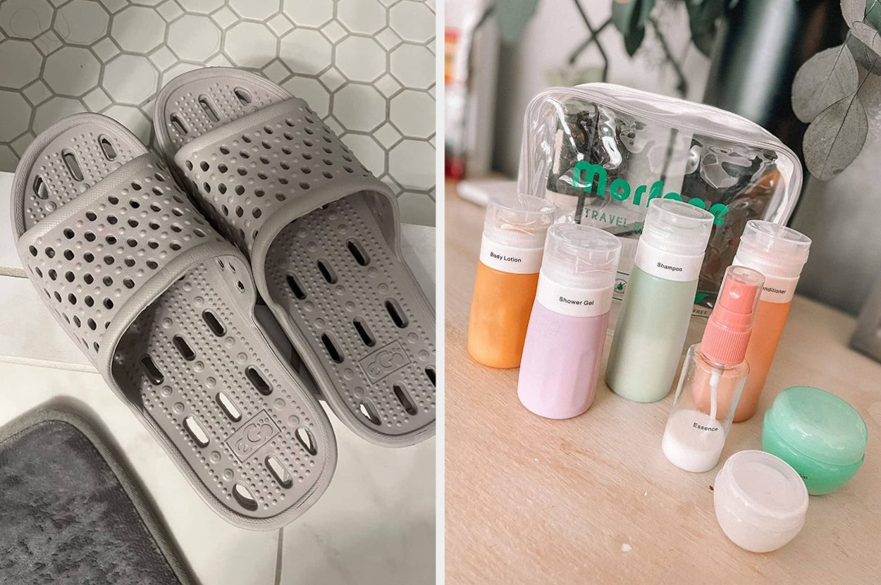 Grey shower shoes on the left and colorful toiletry containers on the right