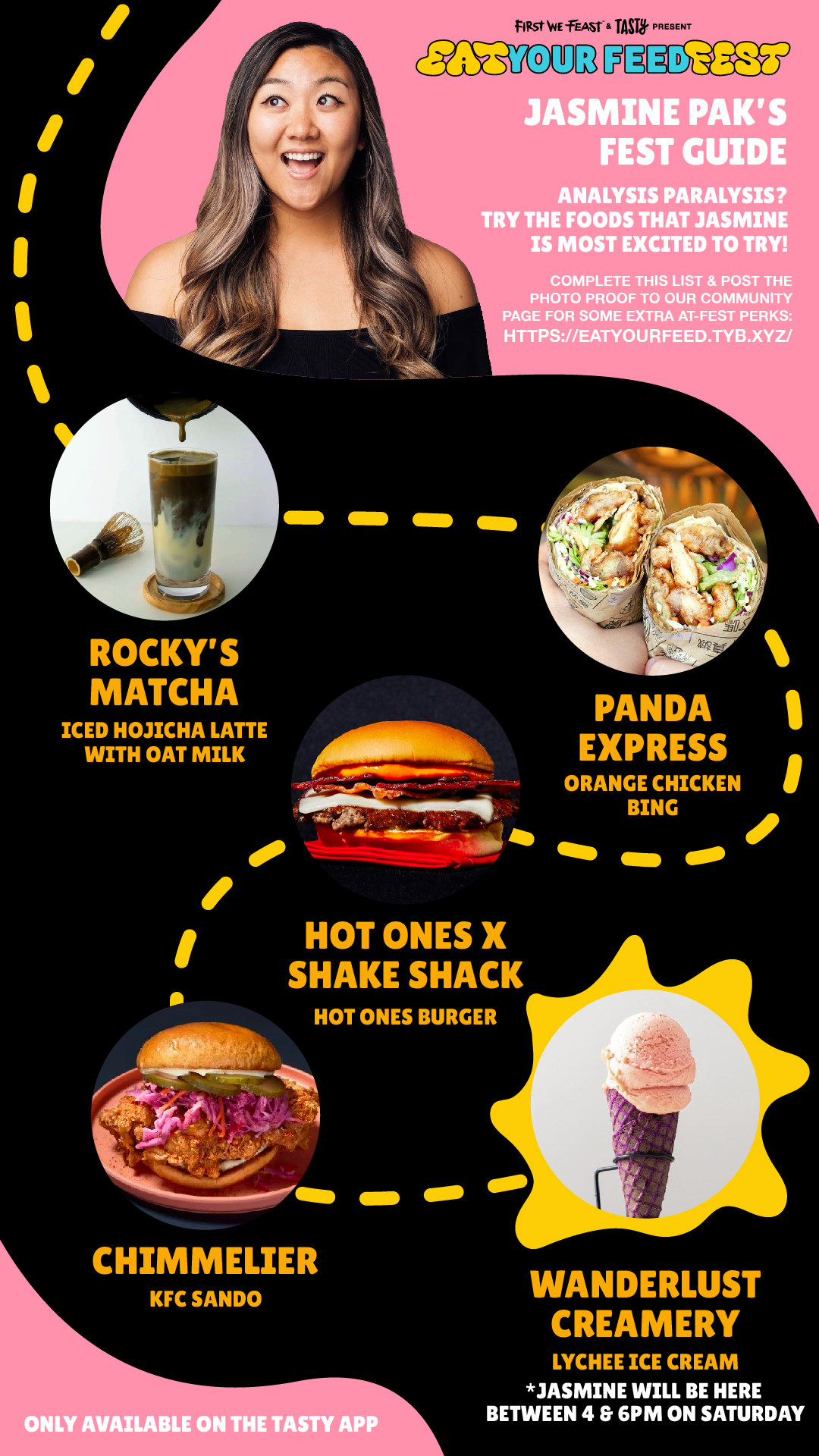 Tasty creator Jasmine Pak lists the food she wants to try at Eat Your Feed Fest including matcha, orange chicken bing, burger, chicken sandwich, and ice cream.
