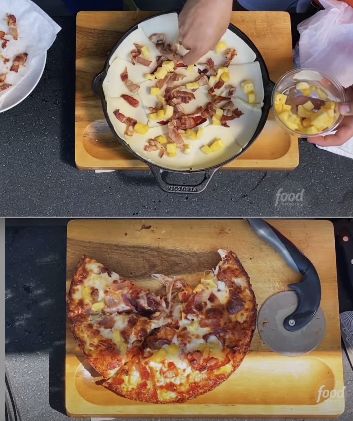 A chef on the Food Network making Hawaiian pizza