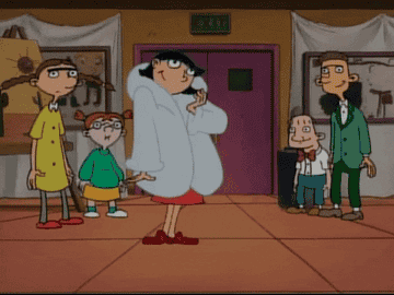 GIF of character in &quot;Hey Arnold&quot; showing off coat
