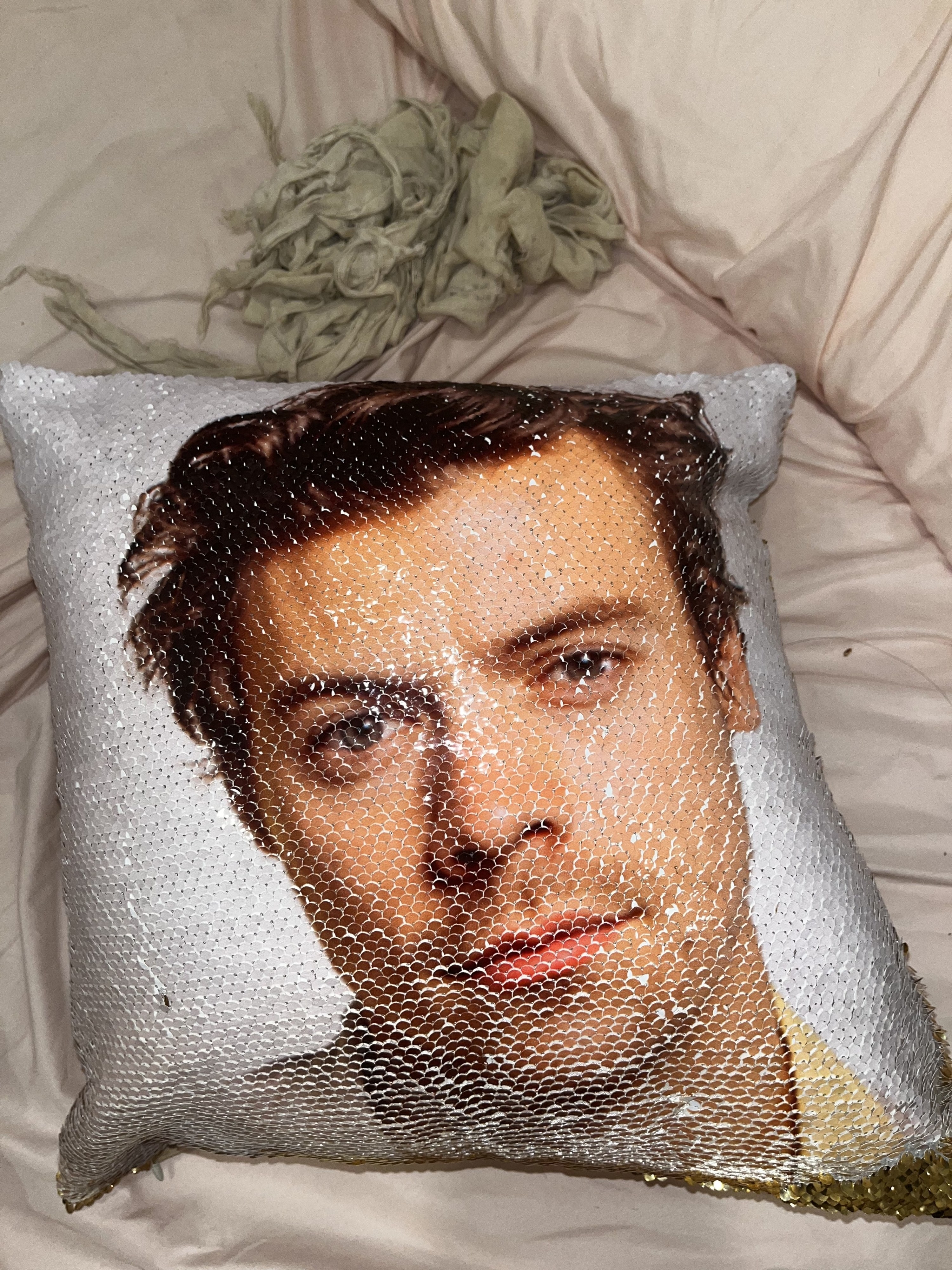 A Harry Styles sequined pillow