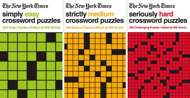 the covers of the easy, medium, and hard crossword puzzle books