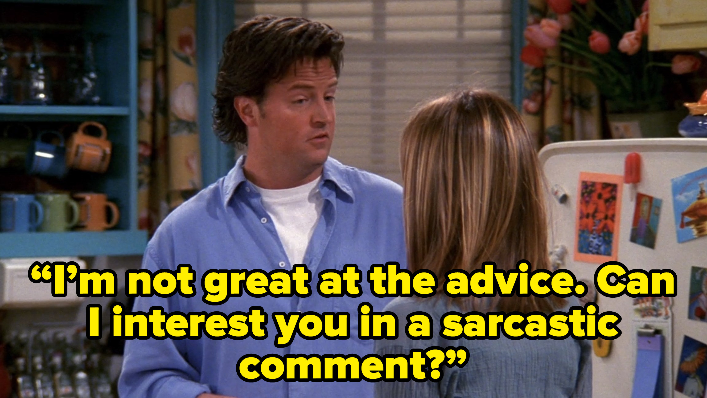 chandler telling rachel “I’m not great at the advice. Can I interest you in a sarcastic comment?” on friends