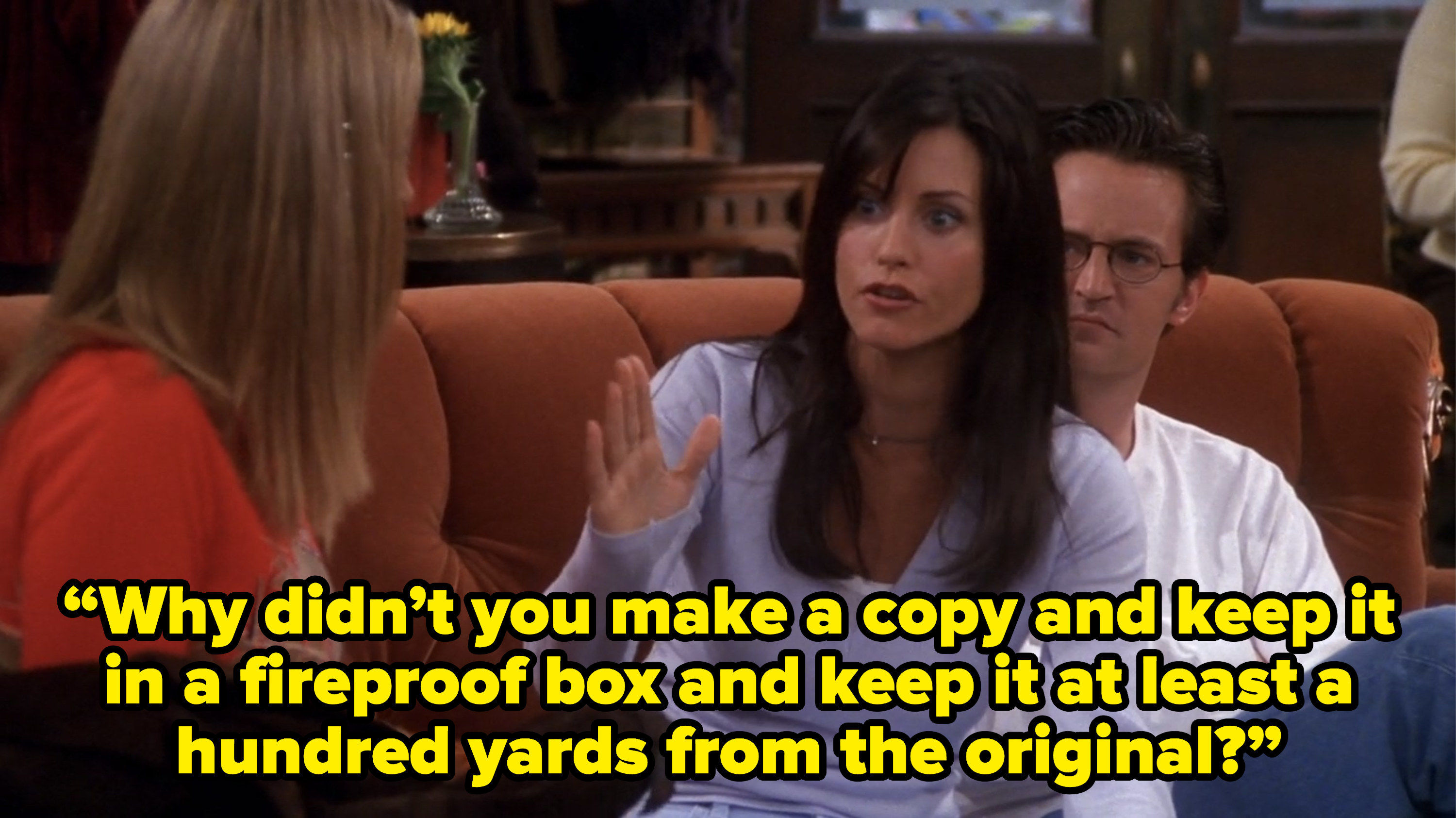 monica asking phoebe “Why didn’t you make a copy and keep it in a fireproof box and keep it at least a hundred yards from the original?” on friends