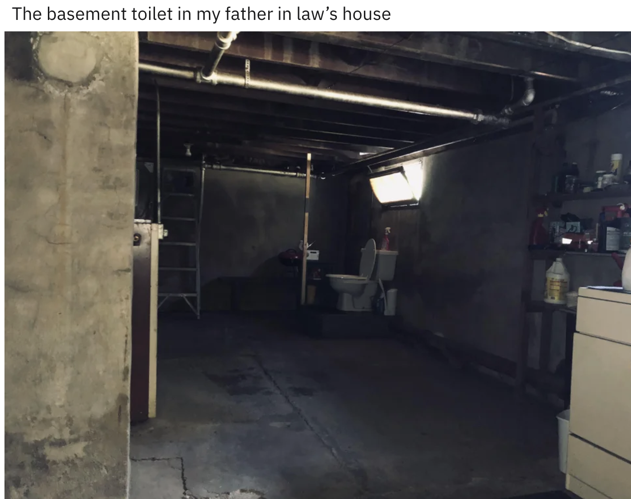 A toilet in a basement