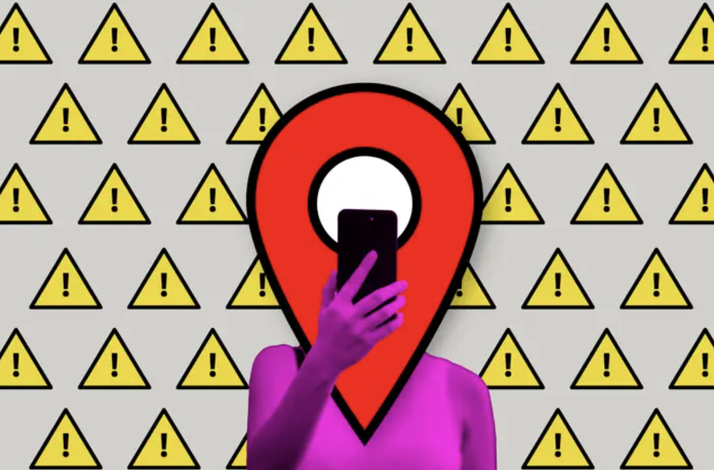 someone with a location icon for a face taking a selfie, in the background are a pattern of yellow triangles with exclamation points