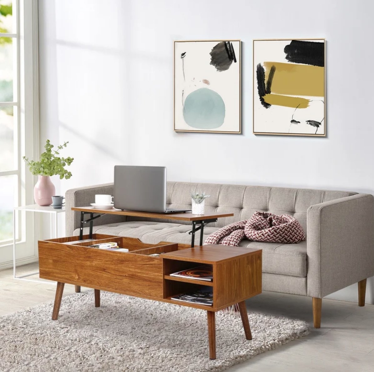 A brown lift-top coffee table